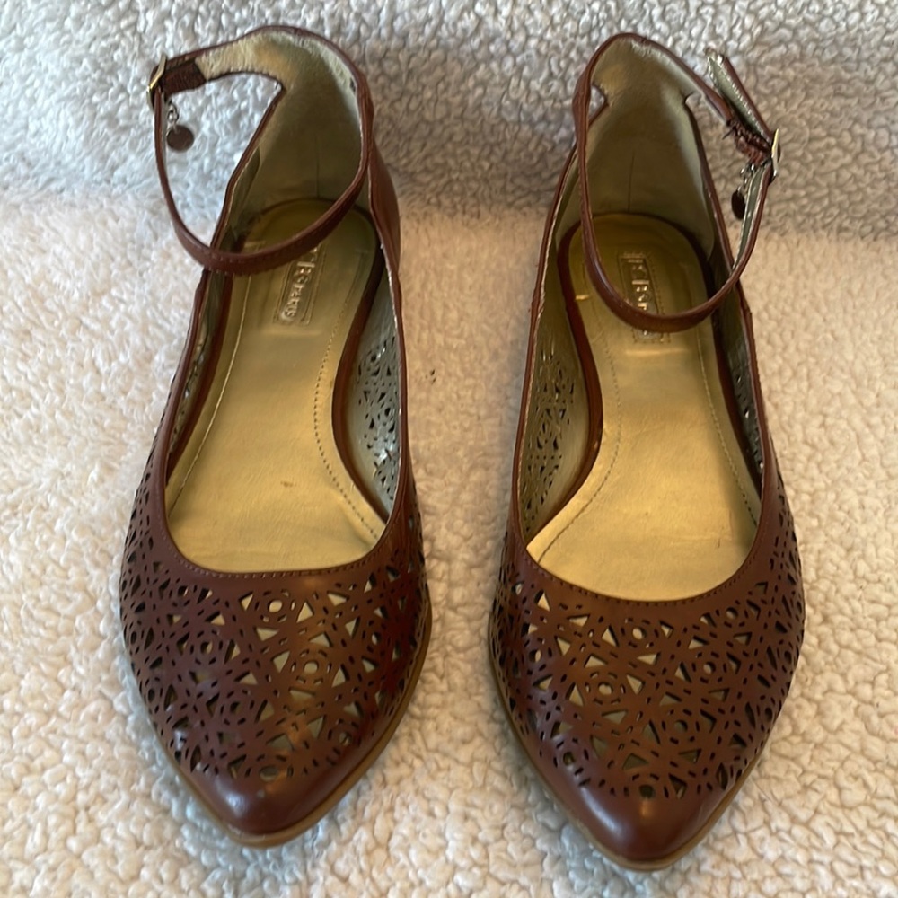 BCBG Paris faux leather pointed toe flats with ankle strap